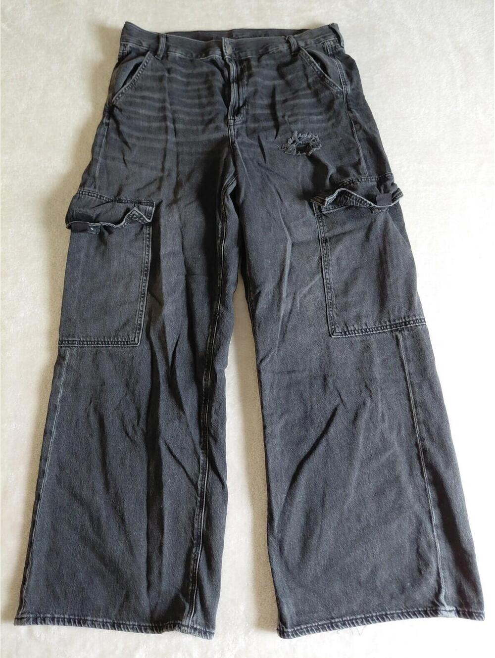 American Eagle Super High Rise Baggy Wide Leg Cargo Jeans Womens 14 Black